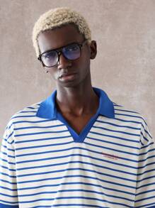 SUMWON 休闲夏季 Polo 衫条纹图案洛杉矶 La 标志运动 Polo 短袖常规版型翻领透气衬衫周末度假日常穿着 - 藍白色 - 查看 3