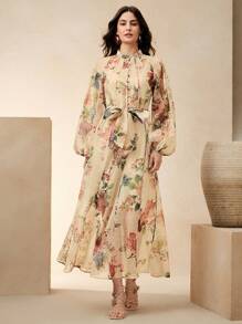 春季、夏季、优雅、度假、约会之夜、花卉 Anewsta 女士度假花卉印花灯笼袖优雅连衣裙 - 杏色 - 查看 5