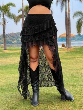 SHEIN EZwear 加大码黑色蕾丝裙，简约时尚，波西米亚风，适合夏季节日狂欢/音乐会女士 Gyaru Y2k 适合夏季