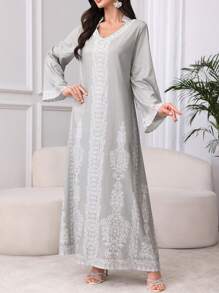 Al Najma 女士阿拉伯风格V领长袖简约时尚连衣裙，端庄，长袍 - 綠色 - 查看 6