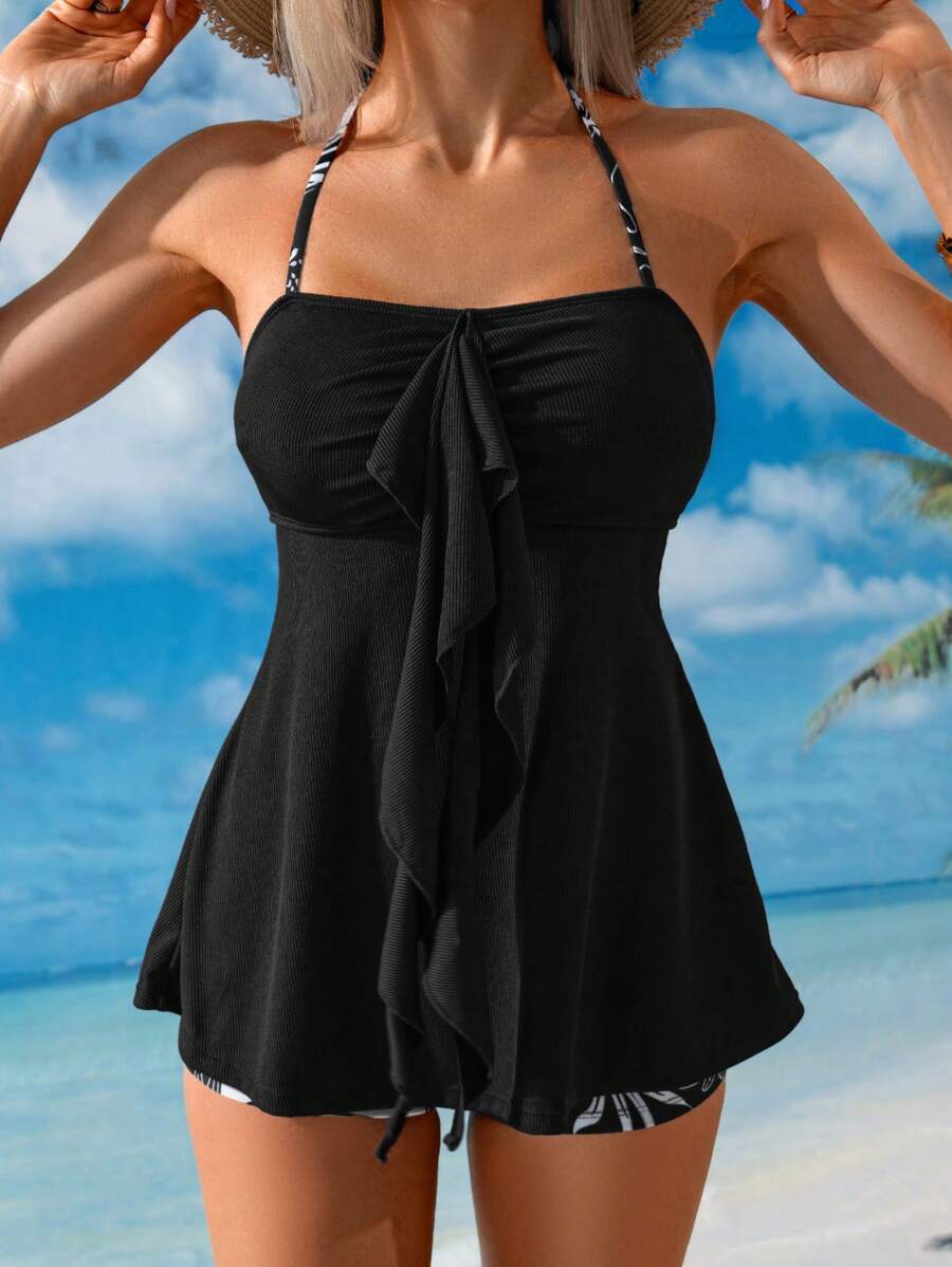 Swim Lushoire 女士波西米亚度假热带植物印花两件套比基尼 - 黑色 - 查看 1