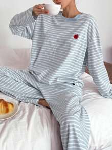DAZY Conjunto de pijama holgado de 2 piezas con decoración de rayas y patrón de manzana para mujer, ropa de primavera, otoño e invierno - Azul - Ver 6