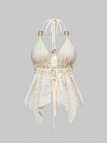 ROMWE Hippie Y2K Resort Retro Style Wooden Bead Decor Women's Backless Spaghetti Strap Top
