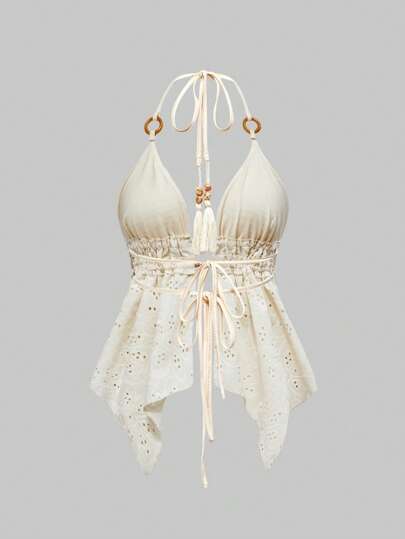 Hippie Y2K Resort Retro Style Wooden Bead Decor Women's Backless Spaghetti Strap Top