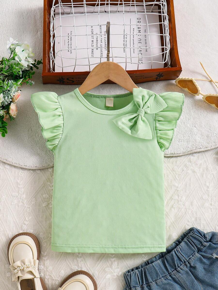 Elladie kids Girls' Cute Versatile Solid Color Ribbed Cap Sleeve Round Neck Bow T-Shirt, Suitable For Daily Wear, Gatherings, Outdoor Activities. It Not Only Has A Fashionable Feel But Also Is Comfortable To Wear, Showcasing The Lively, Cute And Sweet Vibe Of Girls In Summer. Young Girl Tshirts
