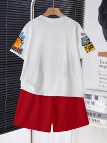 SHEIN 2 件装青少年男孩休闲时尚大写“K”国王文字、篮球图案印花短袖圆领套装，适合夏季 - 彩色 - 查看 2