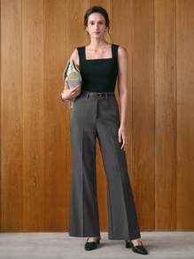 Uhlyne Pantalones de tela acampanados de diseño minimalista con bolsillos para mujer, de uso casual y de negocios