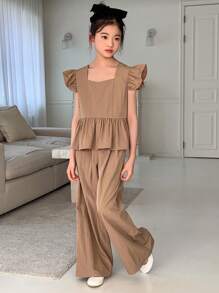 DAZY 2pcs Tween Girl) Woven Solid Color Short Sleeve Top And Wide Leg Pants Set, Spring/Summer - Khaki - View 4