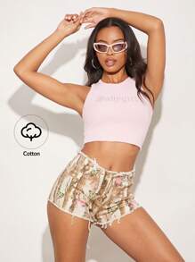 SHEIN Unity Shorts vaqueros cortos de tiro bajo con estampado de mariposas y plantas, con efecto desgastado, para verano, festivales de música, vacaciones elegantes, primavera, brunch, estilo callejero, playa, Acción de Gracias, Navidad, Año Nuevo para mujeres - Multicolor - Ver 3