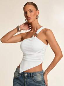 Glamine Parte superior de punto con anilla metálica y dobladillo asimétrico para mujer, adecuada para salidas, fiestas, reuniones y conciertos