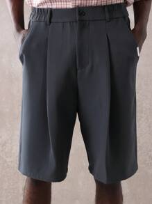 SUMWON 高级定制常规版型褶皱短裤，专业商务休闲及膝办公短裤，带侧袋，春夏正装短裤 - 深灰色 - 查看 6