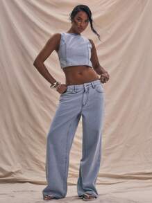 MUSERA Washed Denim Seam Detail Cropped Sleeveless Top Summer Cute Chic Spring - Light Wash - View 5