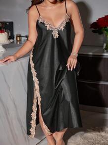 SilkySpell Elegant Plus Size Embroidered Ruffle Trim Side Slit Long Nightgown - Black - View 4