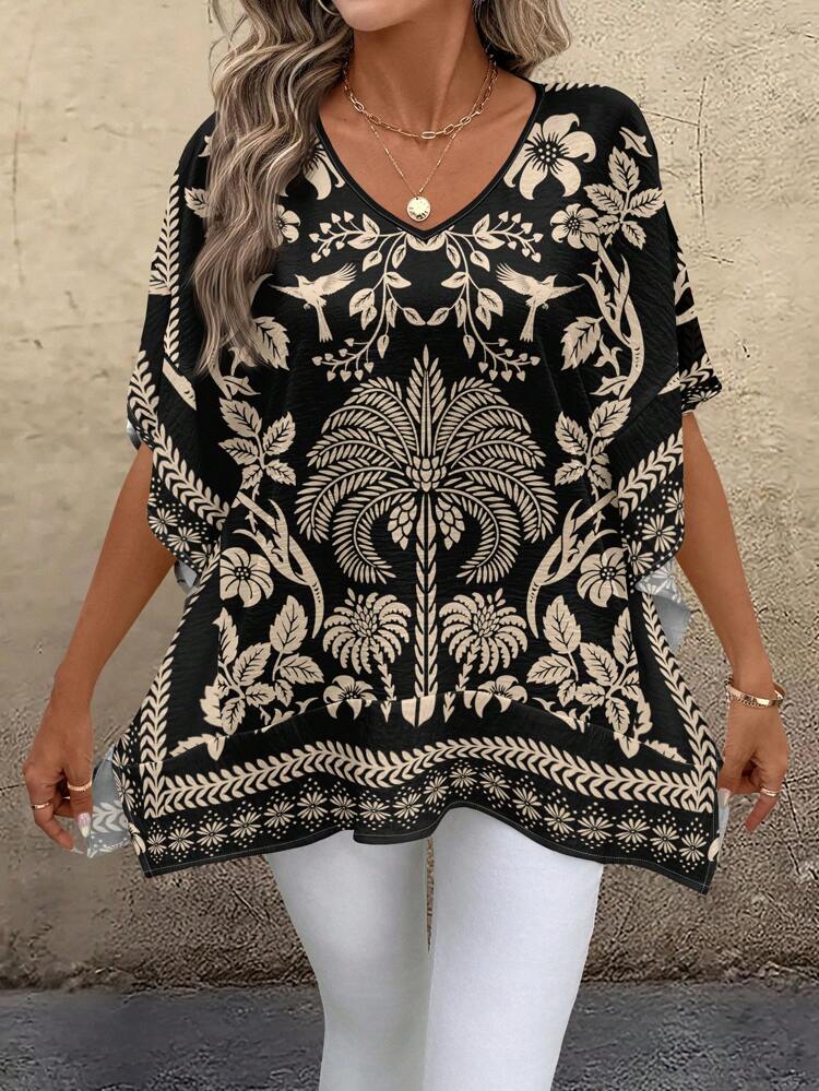 Women's Casual Minimalist V-Neck Loose Spliced Shirt, Suitable For Summer