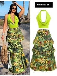 SHEIN SXY Conjunto de top halter de unicolor y minifalda, estilo de moda minimalista para uso diario casual, ropa de verano para mujer, conjunto de dos piezas, verde, atuendo de vacaciones para mujer, conjuntos de primavera para mujer, sexy, estampado de leopardo, atuendo de crucero para mujer, conjunto de dos piezas de vacaciones, ropa de resort para mujer, atuendos de Ibiza, vacaciones de primavera