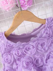 2 件套青少年女孩纯色 3D 花卉无袖圆领上衣和裙子，优雅夏季服装 - 紫色 - 查看 5