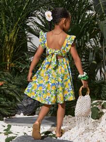 年轻女孩热带水果图案可爱休闲方领盖袖喇叭下摆露背蝴蝶结连衣裙，母子套装（3 件单独出售） - 綠色 - 查看 6