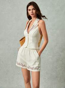 Poéselle 2pcs/Set Women Floral Pattern Lapel Neck Halter Top And Shorts Set - White - View 6