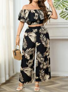 Breezaya Women's Tropical Print Cold Shoulder Top With Ruffle Hem And Wide Leg Pants Set - Black - View 1