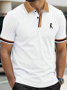 Manfinity Homme 男士纯色拼布前纽扣短袖休闲衬衫，日常穿着 - 白色 - 查看 1