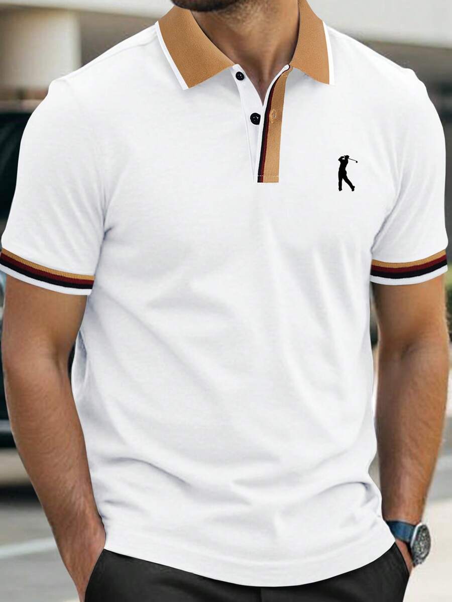 Manfinity Homme 男士纯色拼布前纽扣短袖休闲衬衫，日常穿着 - 白色 - 查看 1