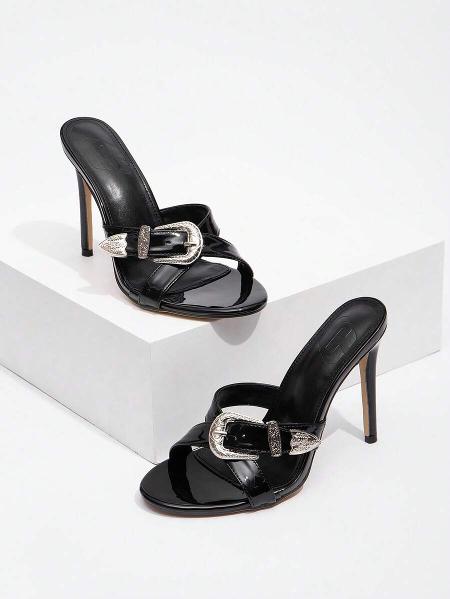 Cuccoo CUCCOO GRLICON Women's Sexy Fashion Metal Buckle Decor Pointed Toe Slim High Heel Casual Versatile Mule Style Green High Heel Sandals