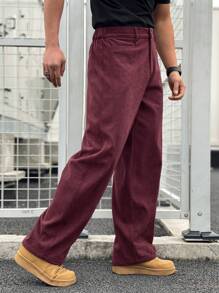 Manfinity Homme American Corduroy Straight Leg Cargo Pants For Men, Casual Baggy Chic Style, High Quality Wide Leg Men Pants Clothes For Men Men Pants - Burgundy - View 6