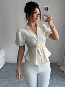 SHEIN Unity Women's Solid Color V-Neck Short Sleeve Floral 3D Shirt - Apricot - View 3
