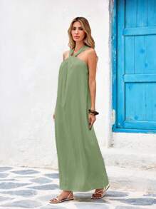 Vivid Eden Solid Color Woven Halter Dress For Women,S,For Summer Beach Vacation,Casual Style,Festival,Vacation Dress,Summer Outfits For Women,Beach Outfits For Women