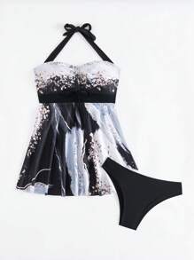 SHEIN 2pcs Summer Spaghetti Strap Crop Top With Drawstring And High Cut Bottoms Elegant Bikini Set - Multicolor - View 5