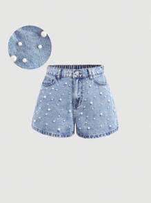 Girlism 这款少女优雅浅色水洗做旧牛仔短裤，带有口袋、仿珍珠装饰和毛边裤脚，适合春夏度假、海滩、波西米亚风音乐会、锐舞派对等场合。 - 淺色水洗藍 - 查看 1