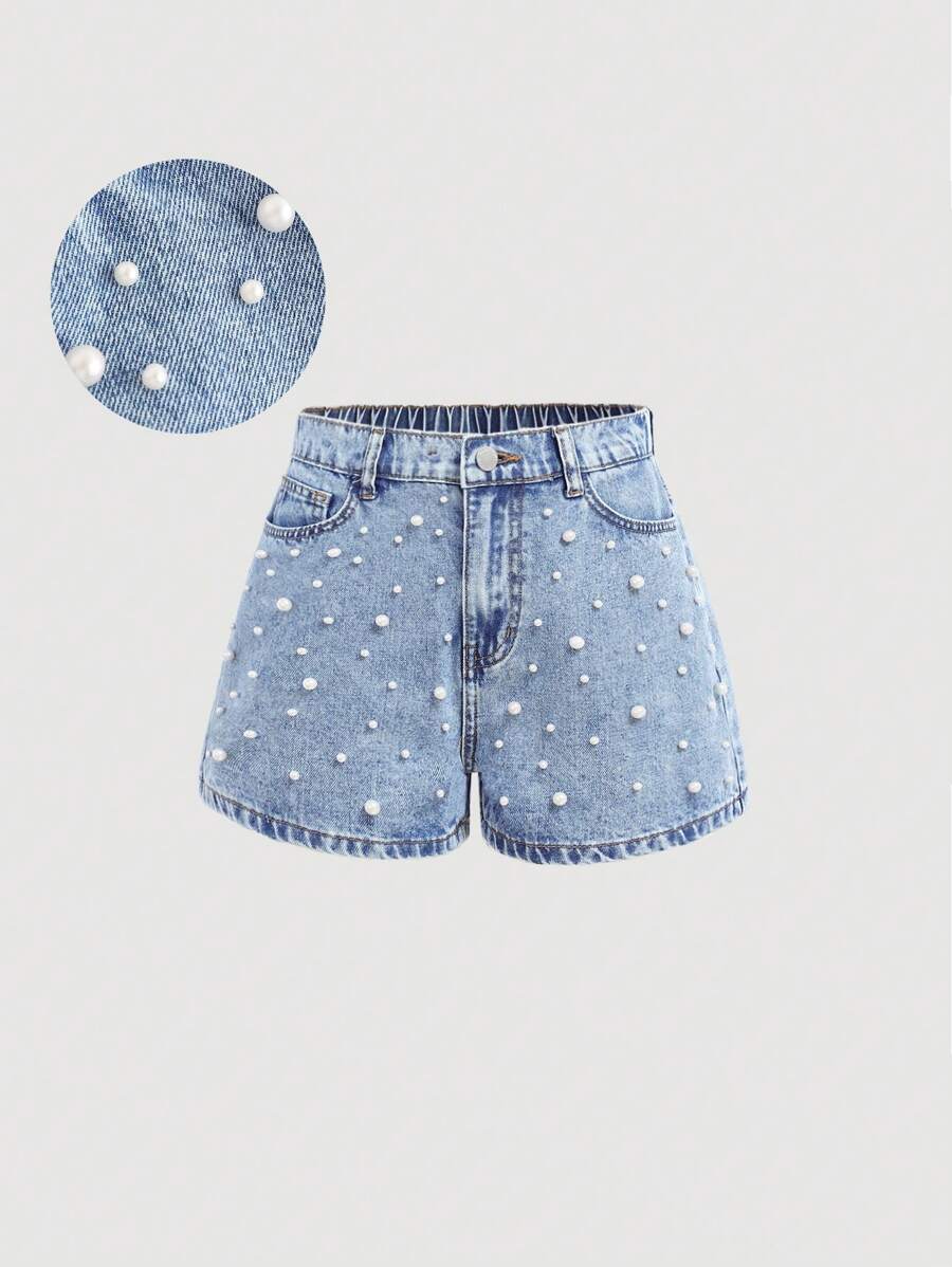 Girlism 这款少女优雅浅色水洗做旧牛仔短裤，带有口袋、仿珍珠装饰和毛边裤脚，适合春夏度假、海滩、波西米亚风音乐会、锐舞派对等场合。 - 淺色水洗藍 - 查看 1
