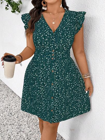 SHEIN Frenchy Plus Size Ditsy Floral Cinched Waist A-Line Cap Sleeve Dress, Casual And Holiday Wear
