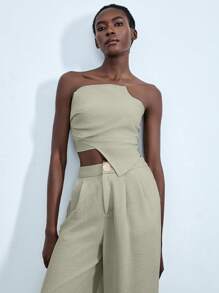 Lumivelle Women's Apricot Casual Strapless Asymmetrical Hem Woven Fabric Top - Apricot - View 4