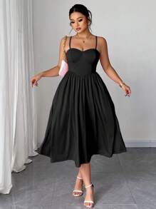 Elenzga Váy len thun dây mảnh màu trơn thanh lịch lãng mạn cỡ lớn, thích hợp cho ngày lễ tình nhân - màu đen - Xem 5