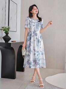 DAZY 女式纹理荷叶边袖 A 字中长连衣裙 - 藍色 - 查看 4