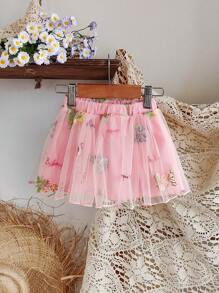 SHEIN Falda de gasa con bordado floral rosa, estilo princesa casual para niñas bebé en primavera y verano - Rosa Pálido - Ver 5