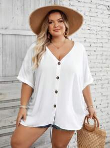 SHEIN CURVE+ Women Plus Size V-Neck Batwing Sleeve Loose Casual Blouse, Summer Top