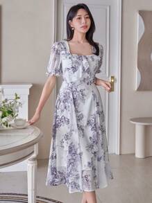 DAZY Women Floral Print Square Neck Puff Sleeve Ruffle Hem Midi Dress Sundress