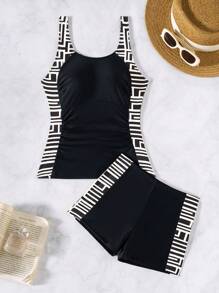 Swim Lushoire 2 件套女士夏季新款分体式卡其色几何随机印花无袖适度泳衣，带褶皱腹部设计，保守泳衣短裤，适合游泳、海滩、冲浪