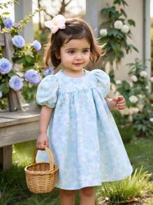 Souflis Souflis Summer Baby Girls Vacation Dress, Puff Sleeve, Short Sleeve, Rabbit & Floral Print, Fresh & Cute Design - Baby Blue - View 1
