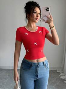 Chiquease Women's Short Sleeve Round Neck Bow Decor Simple Chic T-Shirt, Suitable For Summer - Red - View 1