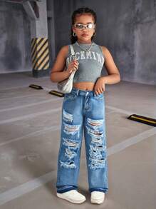 Tween Girls Street Style Distressed Loose Straight Wide-Leg Jeans - Medium Wash - View 4