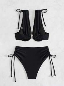 Swim SXY 2pcs Women Knitted Solid Color Black Thick Strap Push Up Bikini Top And High Waisted Drawstring Swimwear Bottom