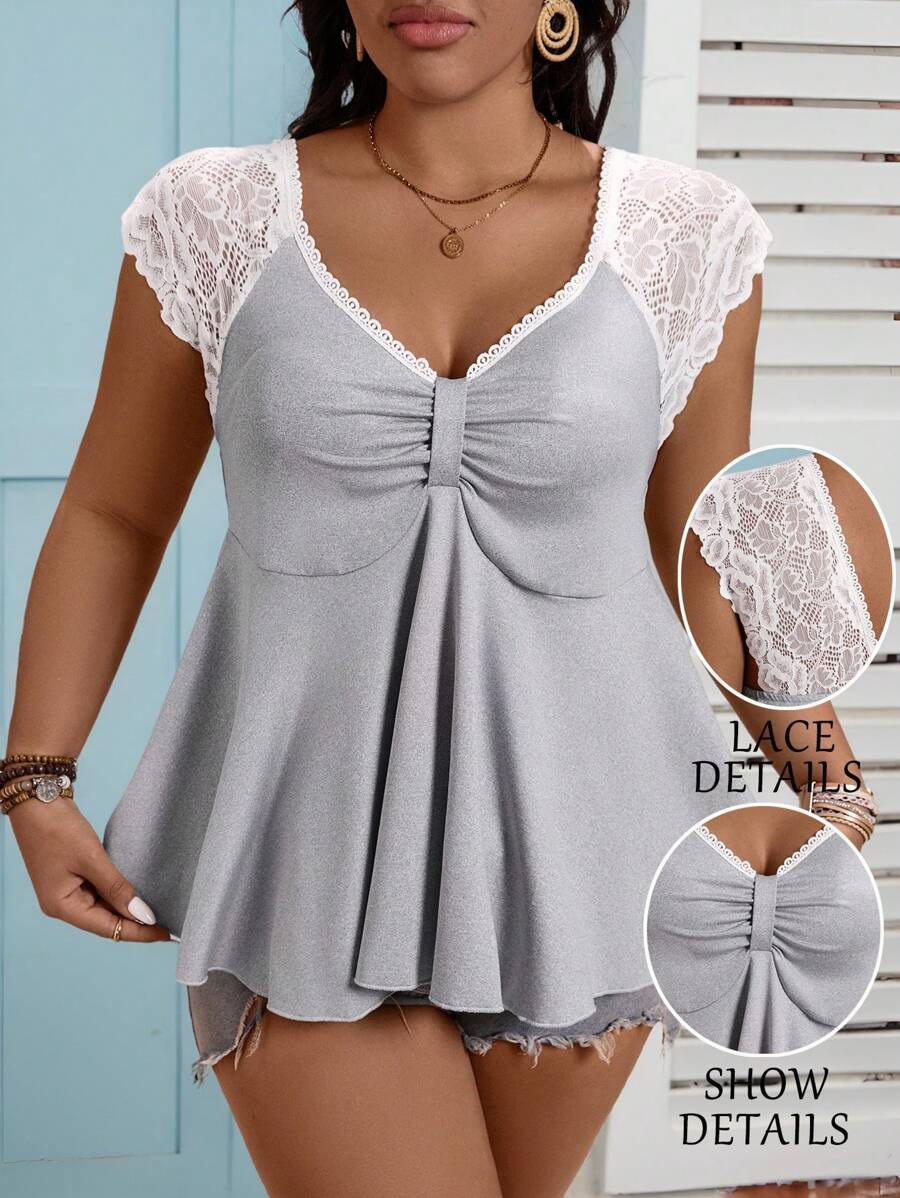 SHEIN LUNE Plus Size Women Lace Patchwork Bow Front Short Sleeve Solid Color Top Tee - Grey - View 1