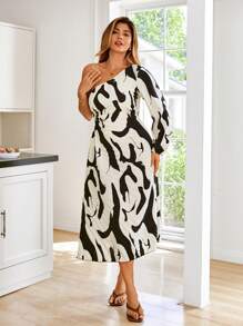 KURAYIA Plus Allover Print One Shoulder Klänning - Svart och Vitt - Visa 4