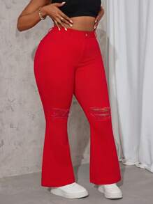 Slaydiva Plus Size Plain Denim Jeans, Casual & Fashion, Suitable For Summer - Red - View 4