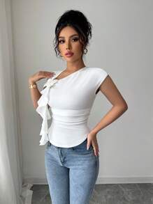 Elenzga Dames Lente/Zomer Elegante Modieuze Getailleerde Gerimpelde 3D Bloemen Decoratieve Gebogen Zoom Korte Mouw T-shirt, Geschikt Voor Dagelijks Casual, Feest, Woon-werkverkeer