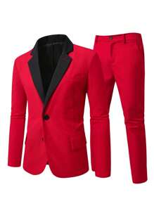 Manfinity Mode Bộ vest 2 mảnh cỡ lớn cho nam, ve áo màu tương phản cổ dài tay và quần vest dạ hội cho nam vest chất lượng cao vest dạ hội cho nam vest thường ngày cho nam - Đỏ - Xem 1