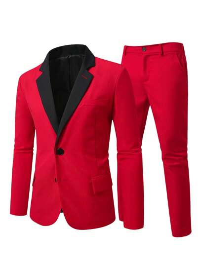 Manfinity Mode Plus Size Men 2 Pieces Suit Set, Contrast Color Lapel Neck Long Sleeve Blazer And Pants Prom Suits For Men Men High Quality Suits Prom Suit Male Casual Suits For Men